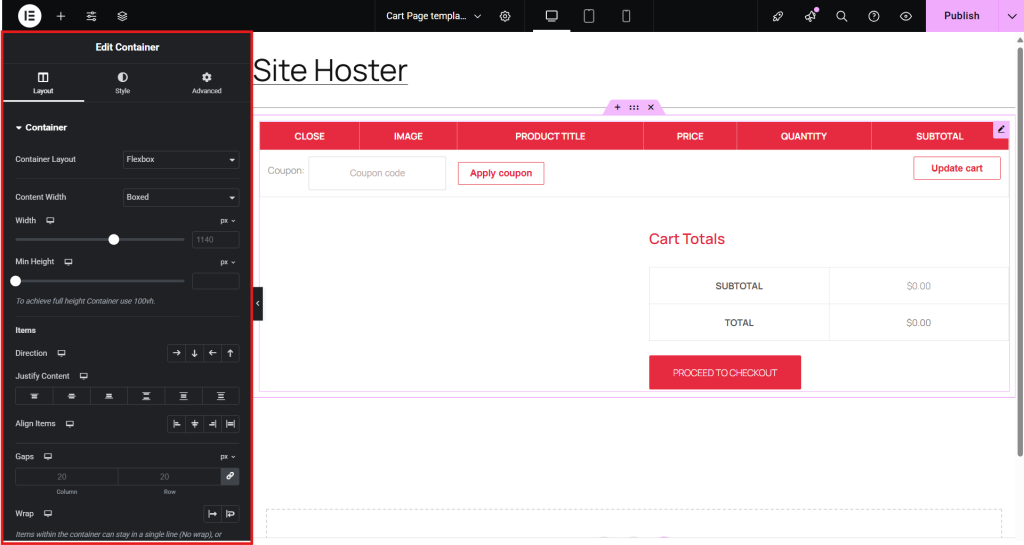 cart page container 
