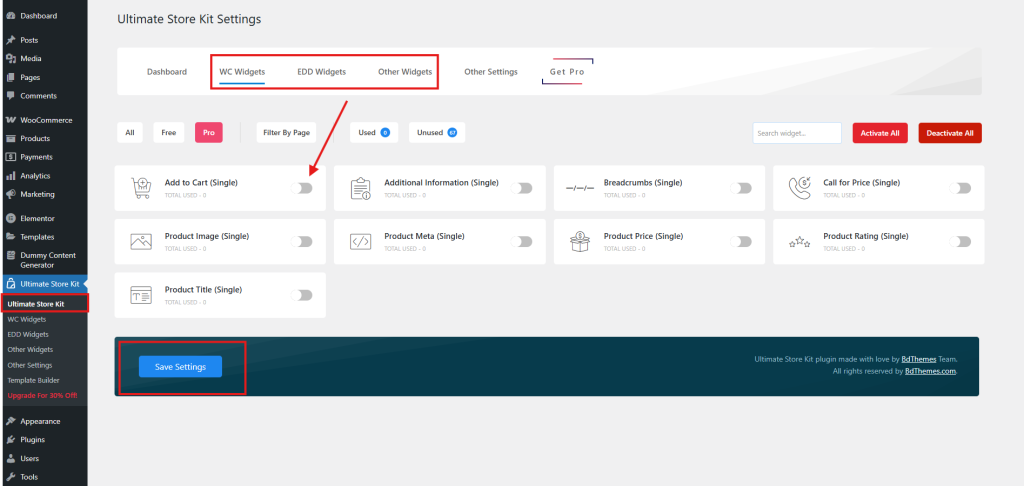 Toggle on the necessary widgets