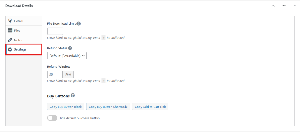 Define the Download Limit and expiration settings in the Settings option