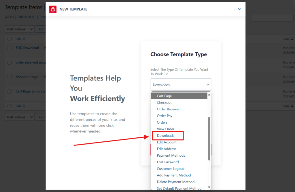 Add New Template > Choose the type of template > Download