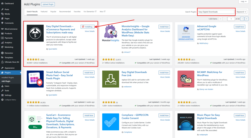 Search “Easy Digital Downloads” and click Install Now