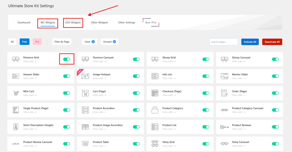 Activate and manage widgets as per store requirements