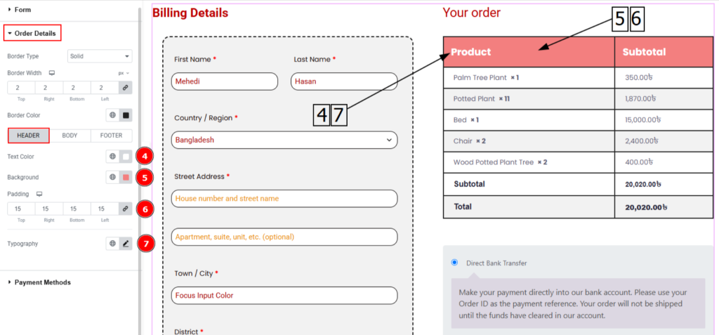 header tab of checkout page