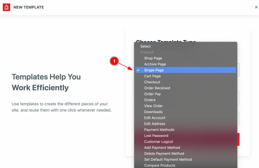 select woocommerce single page template