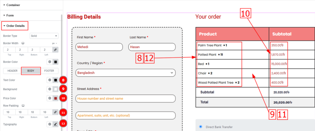 body tab of checkout page