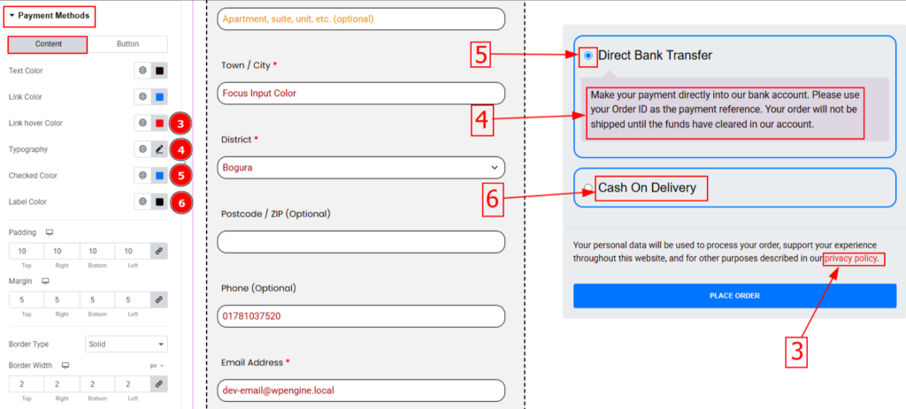 customize content tab of checkout page