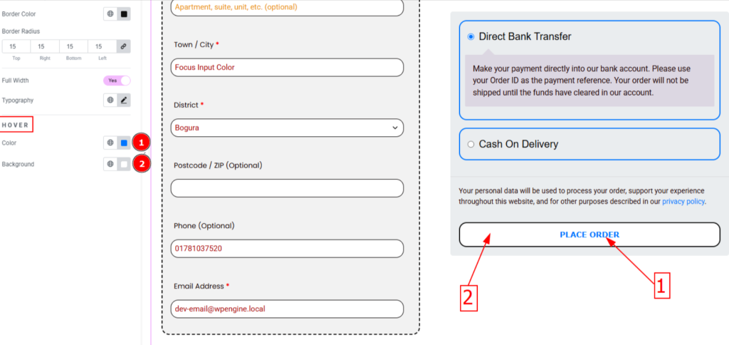 hover effect on checkout page button