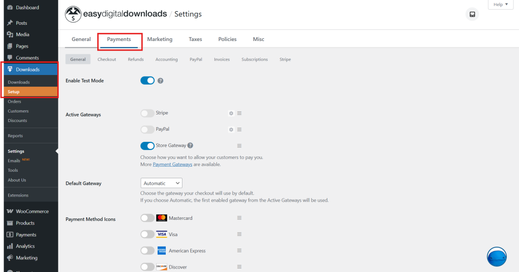 Go to EDD > Settings > Payments