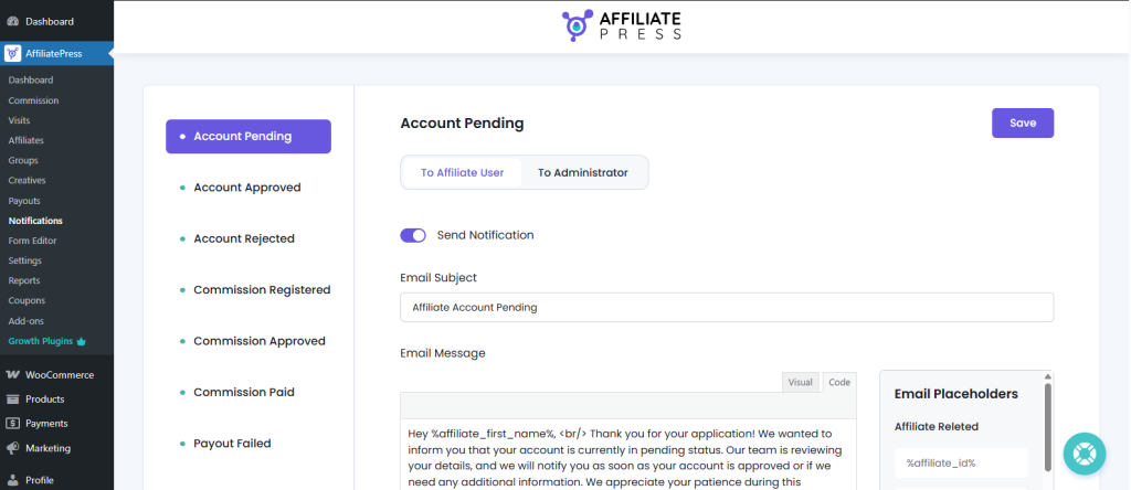 AffiliatePress lets you send automatic custom email notifications