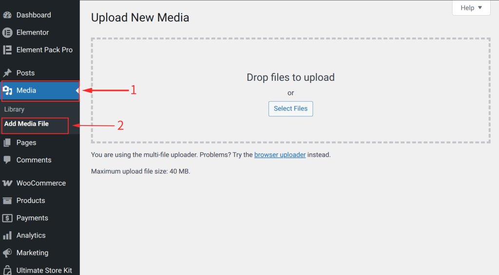 In the left sidebar, go to Media ⟶ Add New Media File