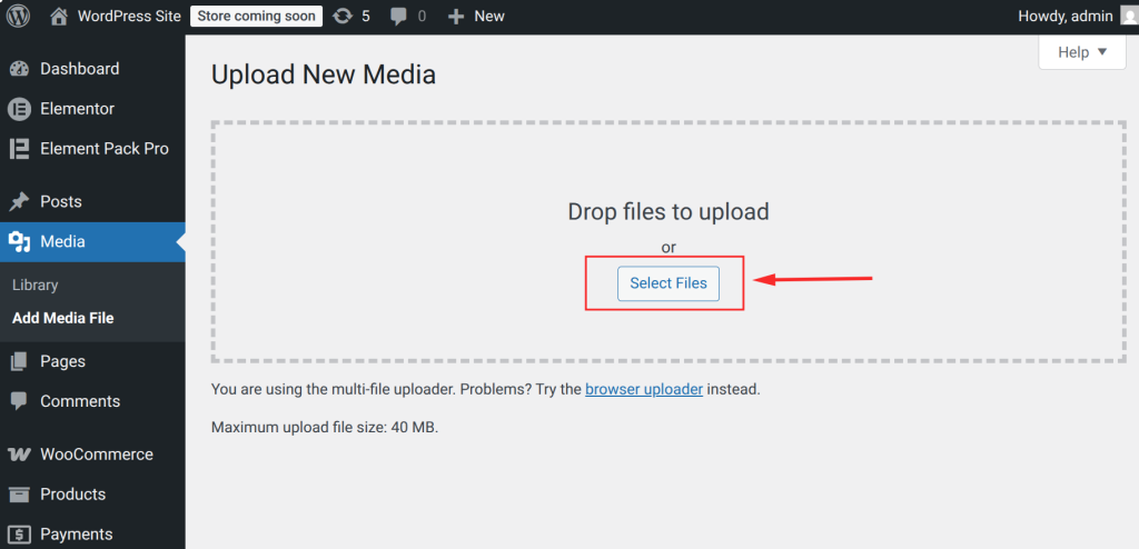 On the upload screen, either drag and drop files directly from your computer into the upload area or click the Select Files button to browse your local storage.