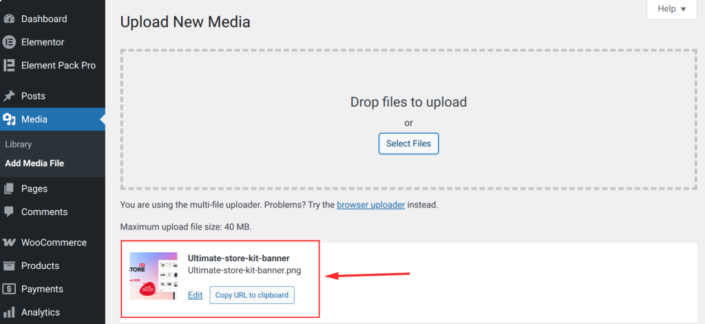 WordPress accepts JPEG, PNG, GIF, WebP images, MP3/WAV audio, MP4 video and documents such as PDFs. Once the upload completes, each file appears with an editable title field below it.