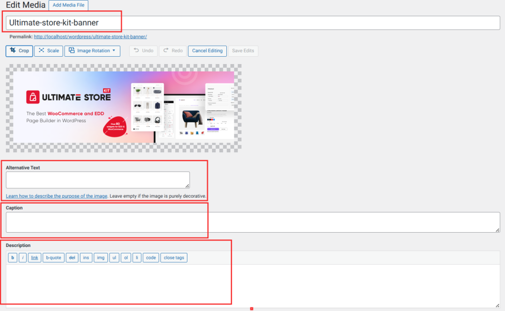 Click on Edit of the uploaded file to open its detail panel. Here you can fill in the Title, Caption, Alternative Text and Description fields.