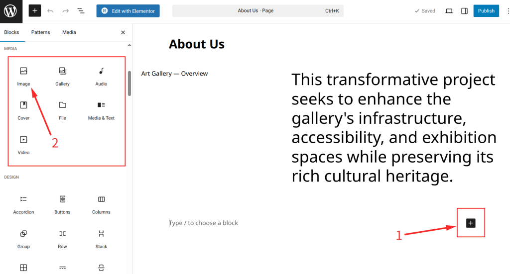Click the + button to add a new block. Choose Image, Video, Gallery, Audio or File depending on your file type.
