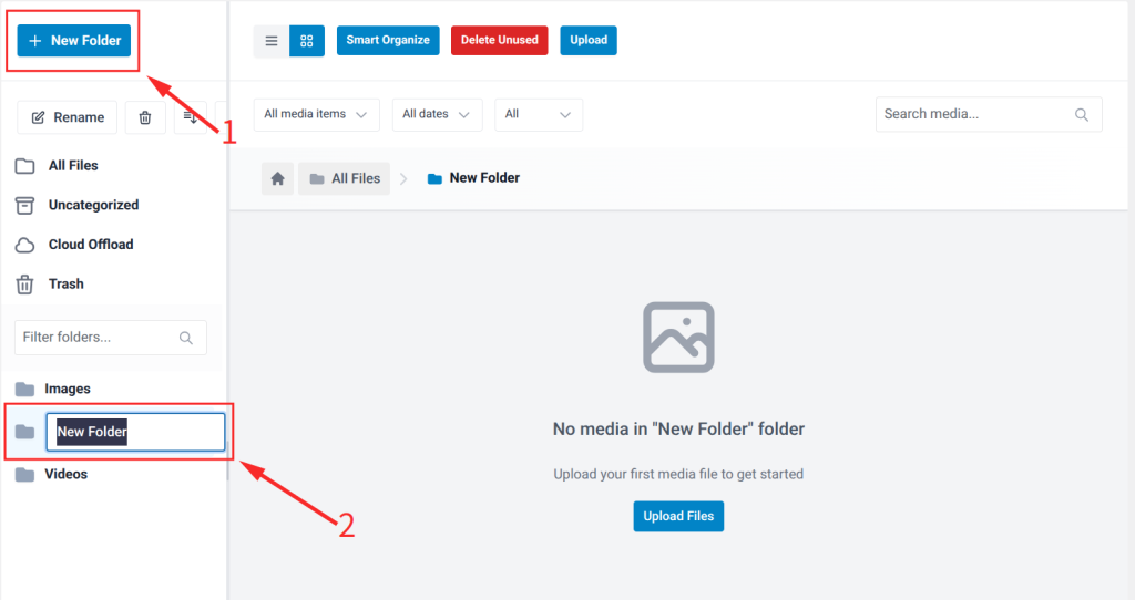 To create a manual folder, click the New Folder button in the left panel. Type a name and press Enter.