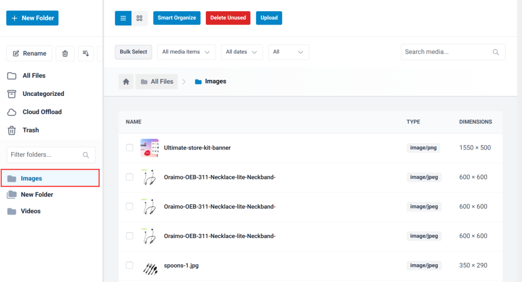 Open Media ⟶ Media Manager and navigate to the folder containing the files you want to manage.
