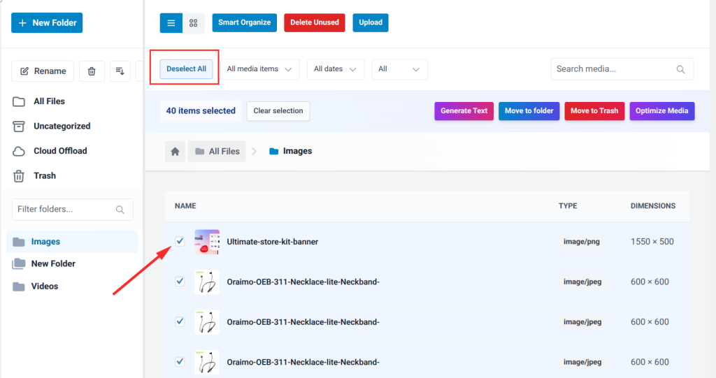Click the checkbox for individual files, or use the Bulk Select button to select all files in the current view.
