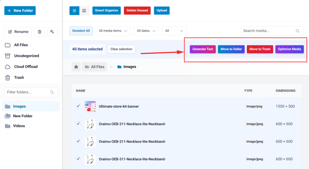  bulk action toolbar appears at the top of the file panel. Available actions include: Generate Text, Move to Folder, Move to Trash and Optimize Media.