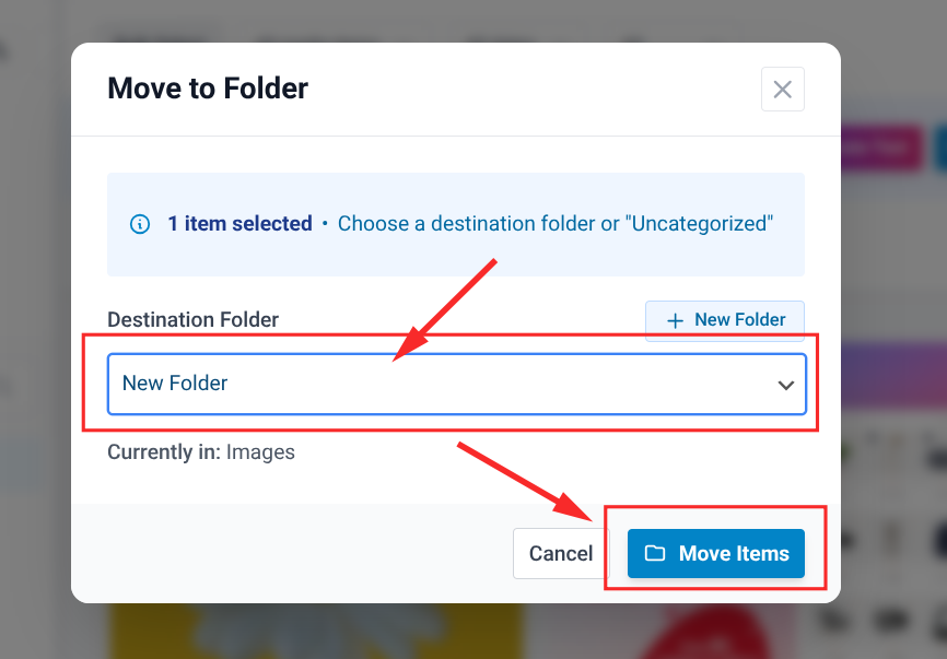 To move files, click Move to Folder, select the destination folder from the pop-up, then confirm.