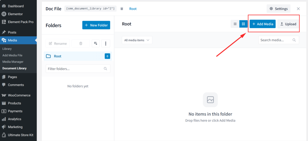 Add files to the library by uploading new files or selecting existing ones from your Media Manager folders.
