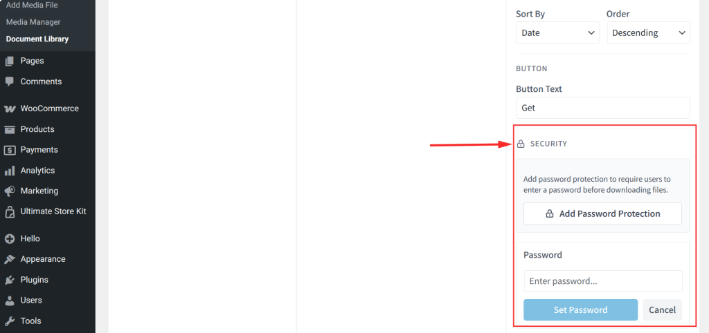 For the security option for the password, scroll down on the right side.