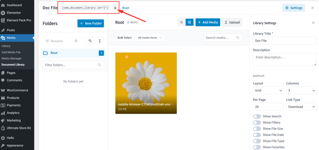 To publish the library, use the provided shortcode to embed it anywhere on your site.
