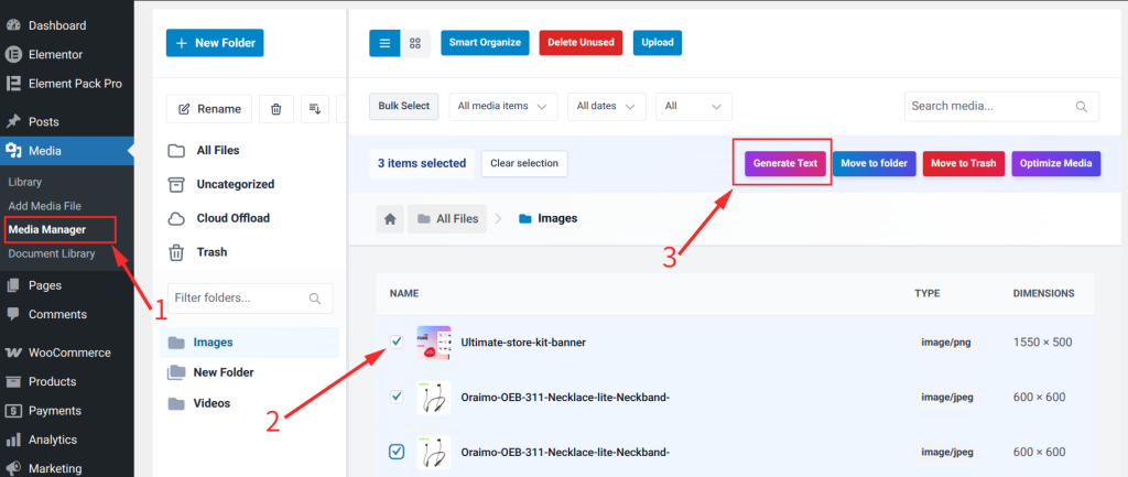Open Media ⟶ Media Manager and select the files you want to generate metadata for. Then, click the AI Generate Text option from the bulk action toolbar.