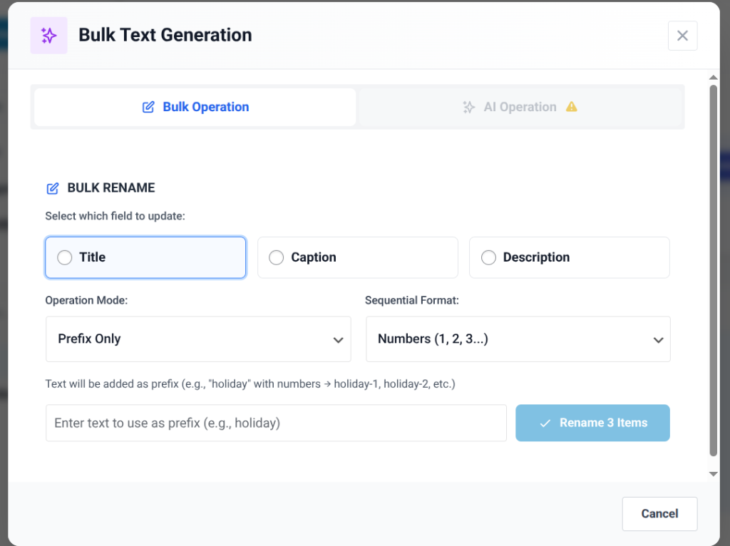 A dialog appears where you can choose which fields to generate: Title, Caption and Description.