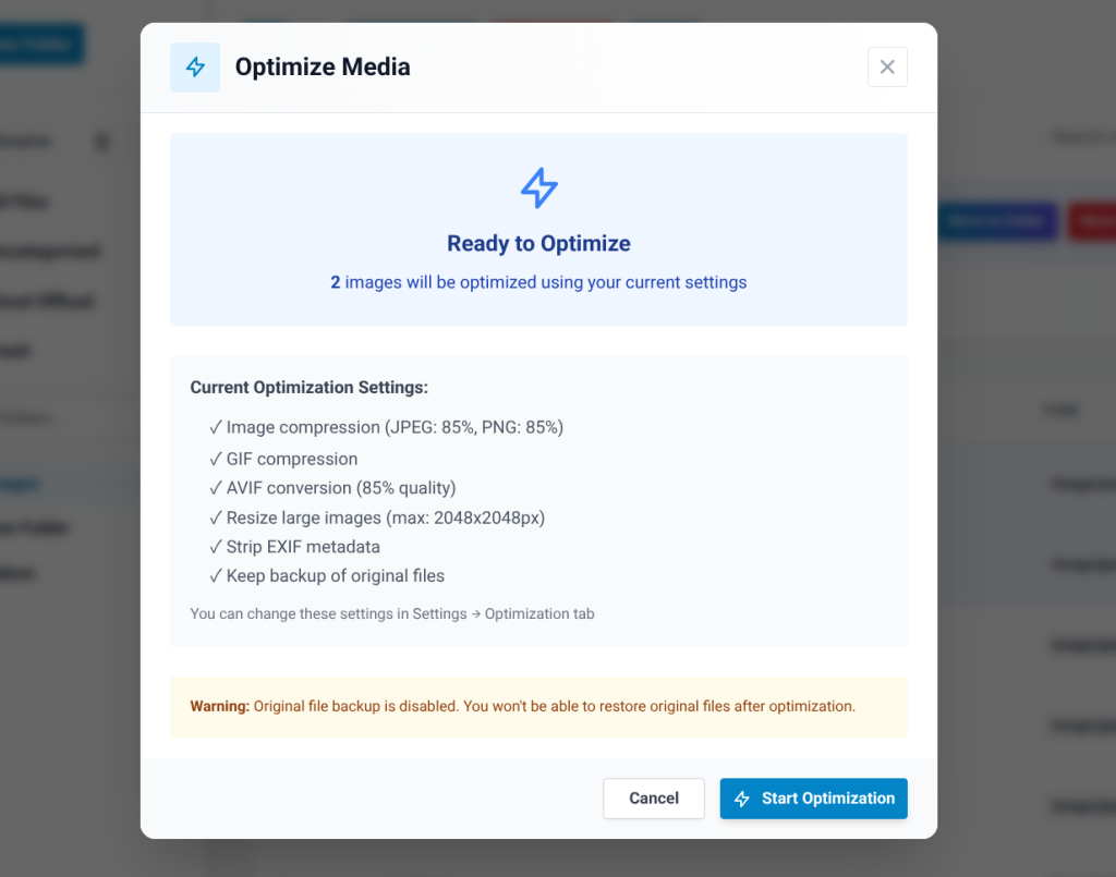 A pop-up will appear with the message “Ready to Optimize.”