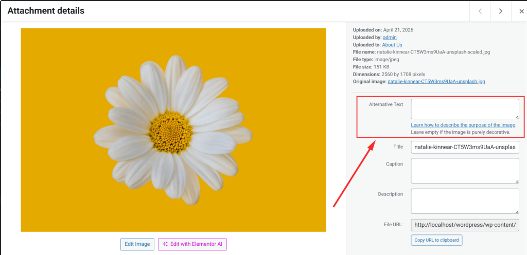 In the attachment detail panel that opens, locate the Alternative Text field.