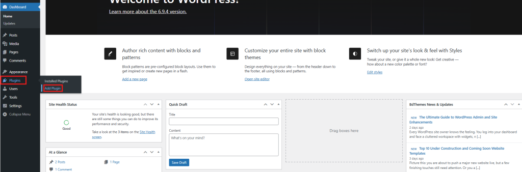 WordPress dashboard