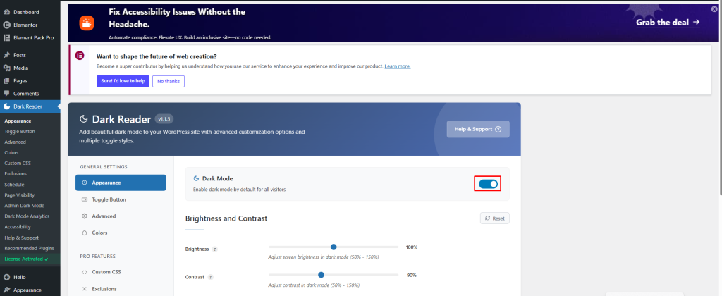 Configure the Dark Reader Settings