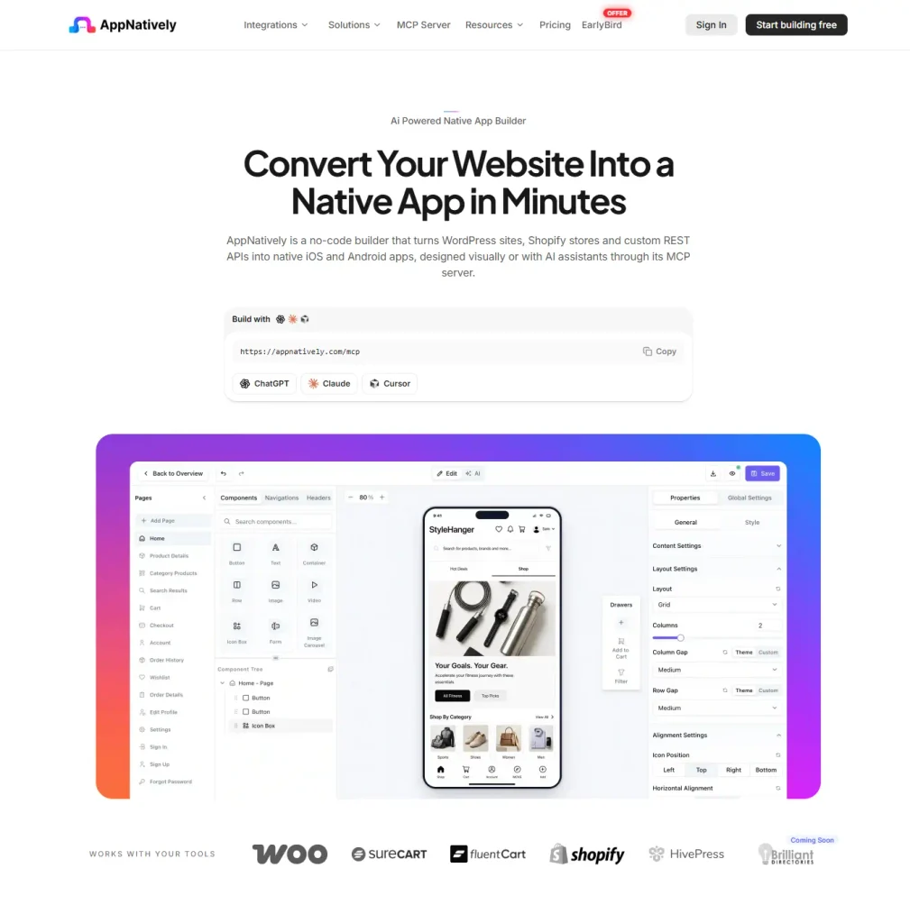 AppNatively visual app builder with a mobile storefront preview