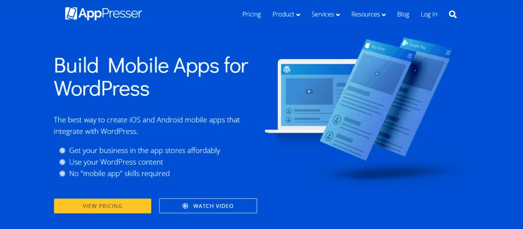 AppPresser homepage showing WordPress mobile app creation for iOS and Android