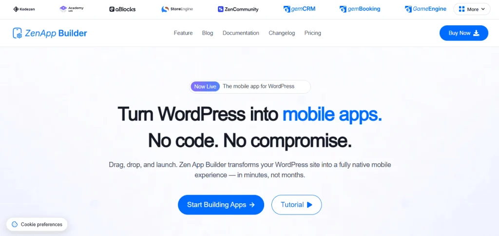 ZenAppBuilder homepage promoting no-code WordPress mobile apps